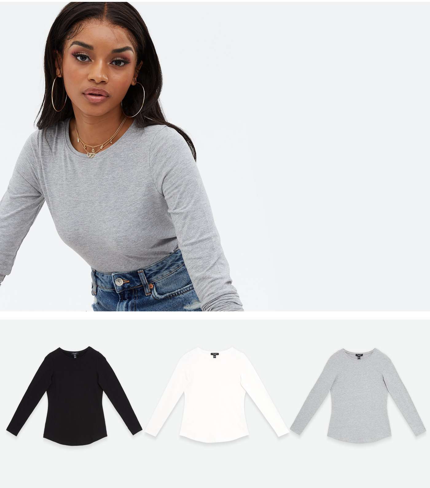 Petite 3 Pack Black White and Grey Long Sleeve Crew Tops