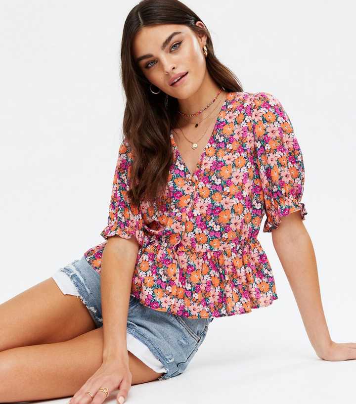 Pink Ditsy Floral Peplum Tea Blouse