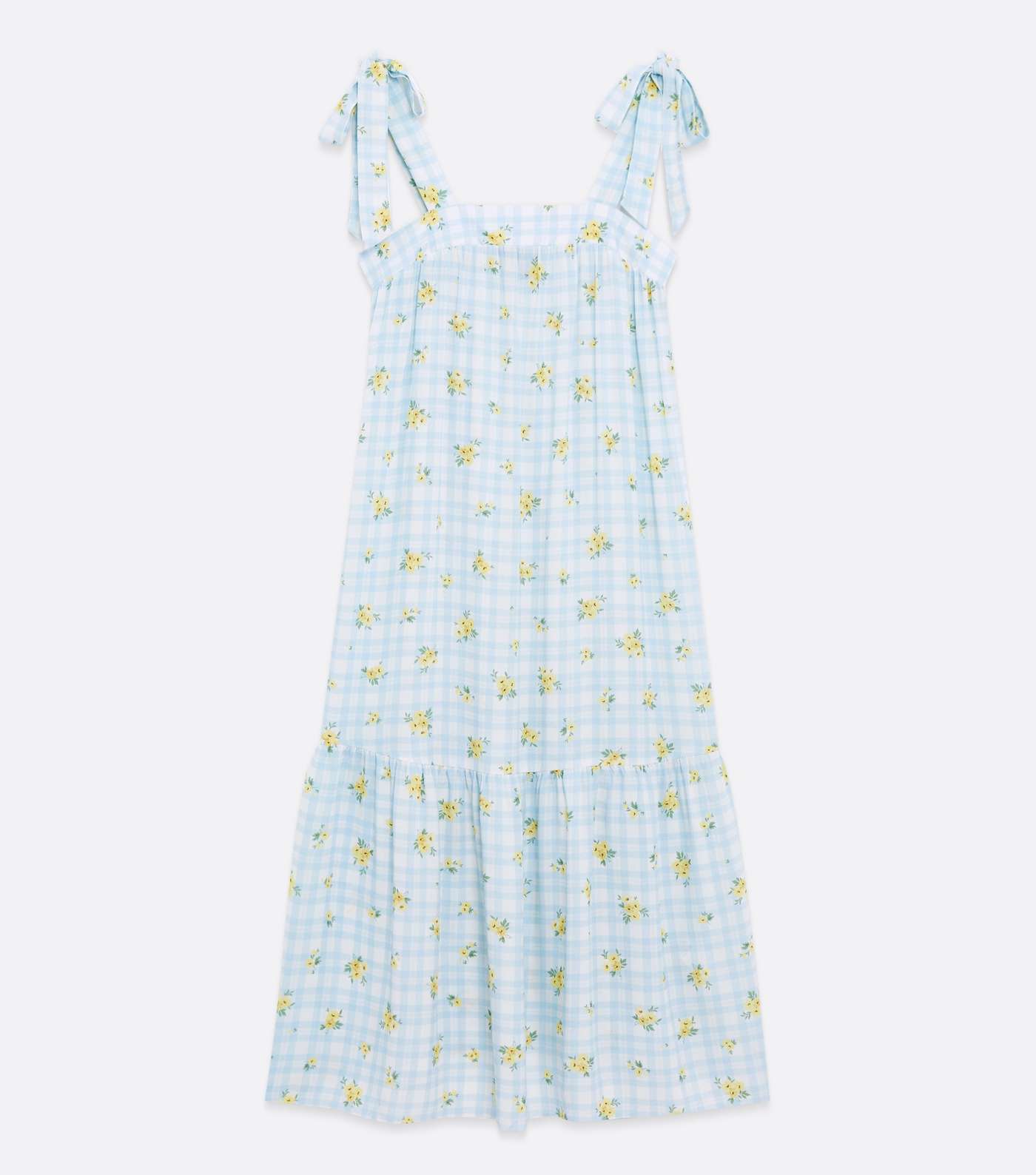 Pale Blue Check Floral Tie Strap Tiered Midi Dress Image 5