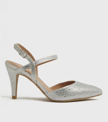 Silver Diamanté Flared Heel Court Shoes