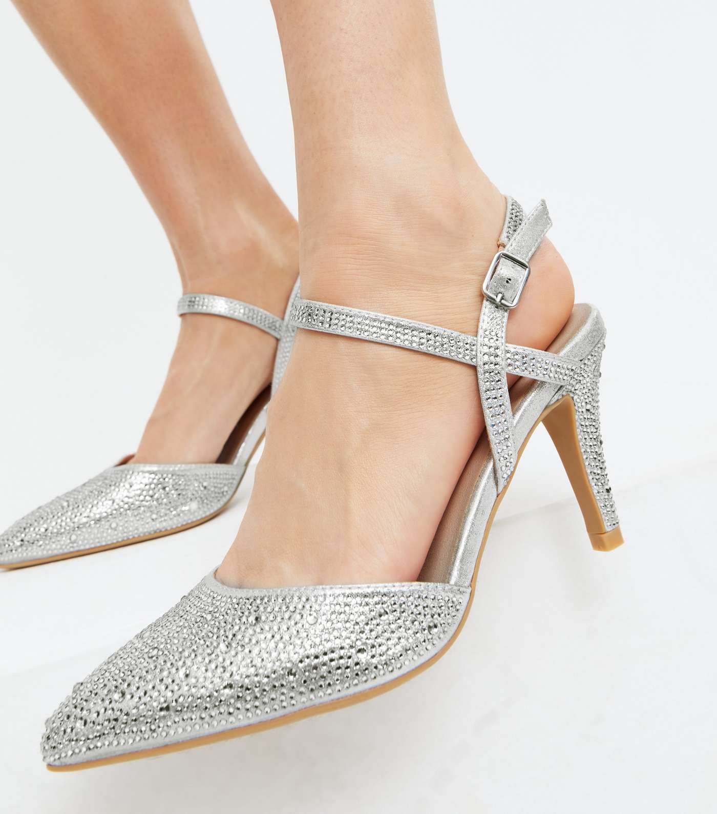 Wide Fit Silver Diamanté Pointed Court Shoes Image 2