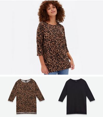 2 Pack Brown Leopard Print And Black Fine Knit Tops New Look