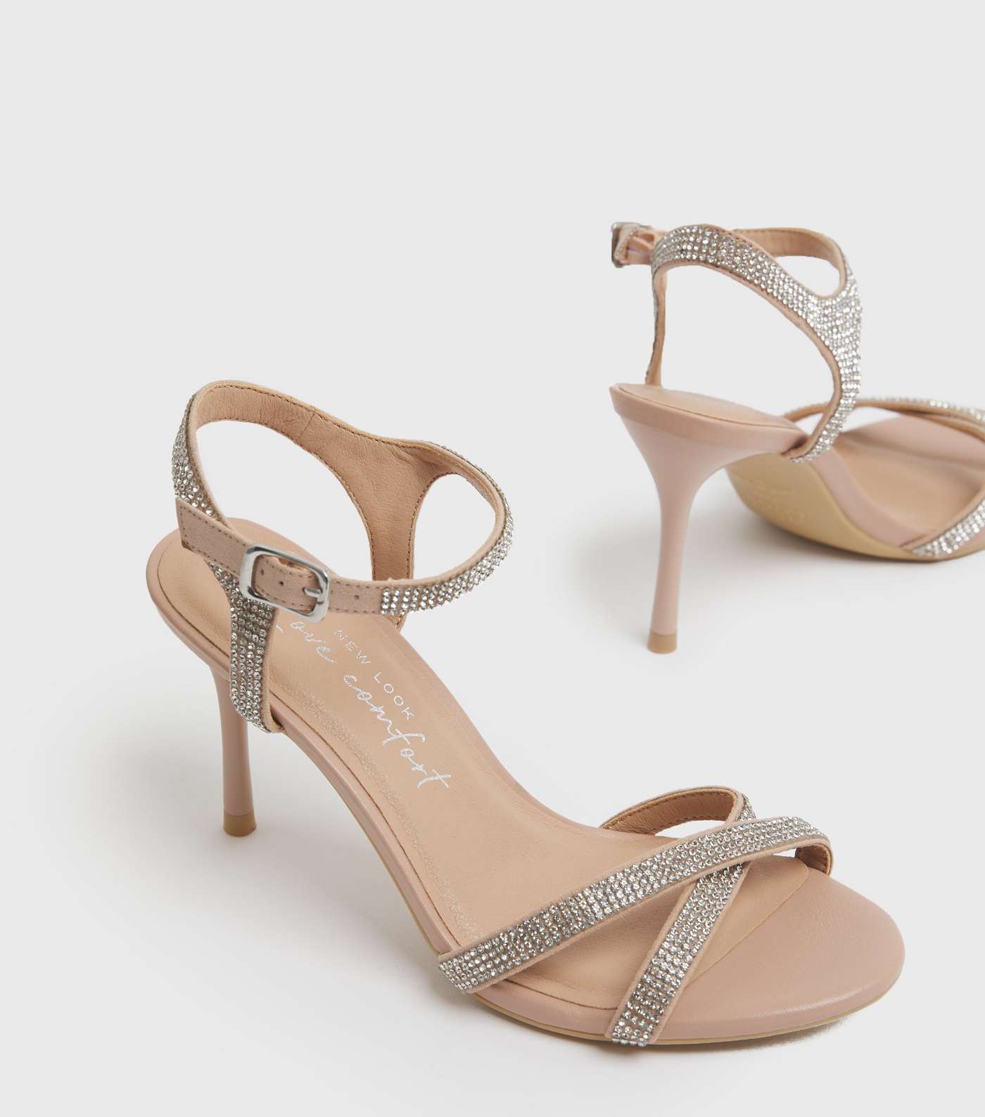 Pale Pink Diamanté Cross Strap Stiletto Heel Sandals Image 3