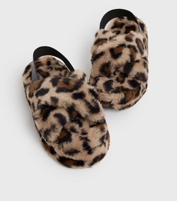 shop for Stone Leopard Print Faux Fur Slingback Chunky Slider Slippers New Look Vegan at Shopo