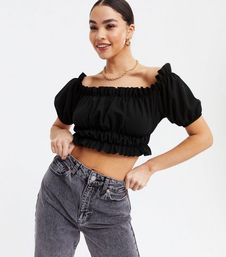 Cameo Rose Black Bardot Crop Top New Look