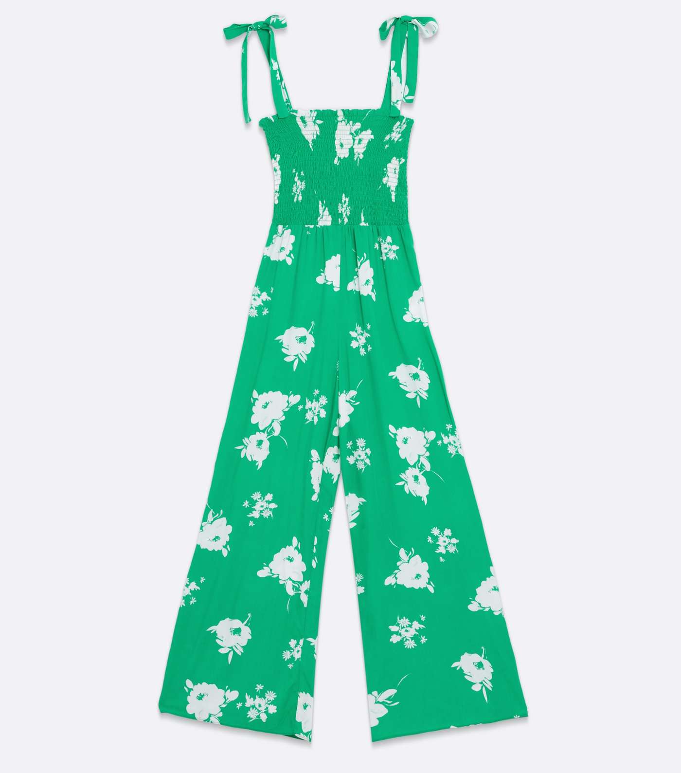 Green Floral Shirred Tie Strap Wide Leg Jumpsuit Image 5