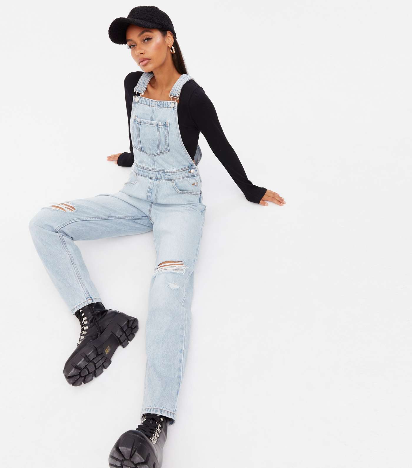 Blue Ripped Knee Relaxed Fit Dungarees