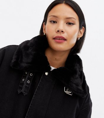 Click to view product details and reviews for Black Denim Faux Fur Lined Aviator Jacket New Look.