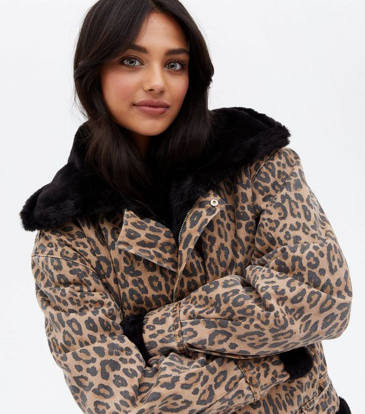 Brown Leopard Print Denim Aviator Jacket | New Look