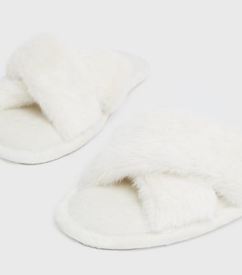 Off White Faux Fur Cross Strap Slider Slippers New Look