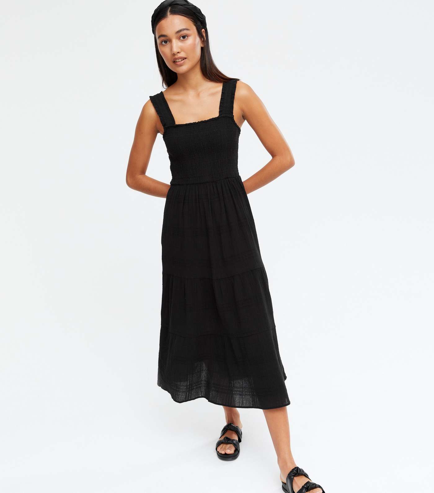 Black Shirred Tiered Midi Dress Image 2
