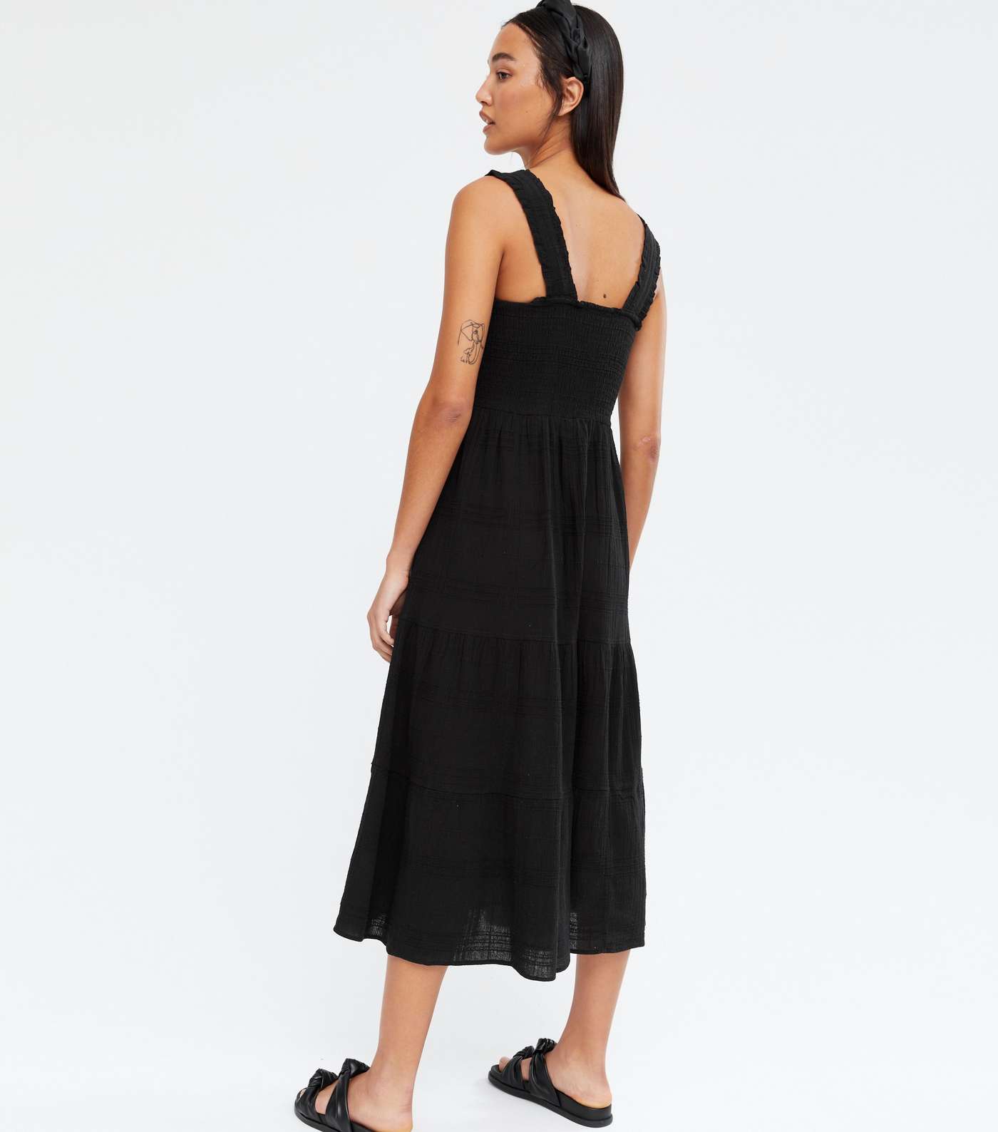 Black Shirred Tiered Midi Dress Image 4