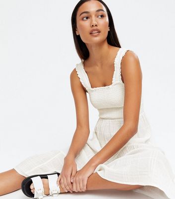 new look shirred midi dress in off white