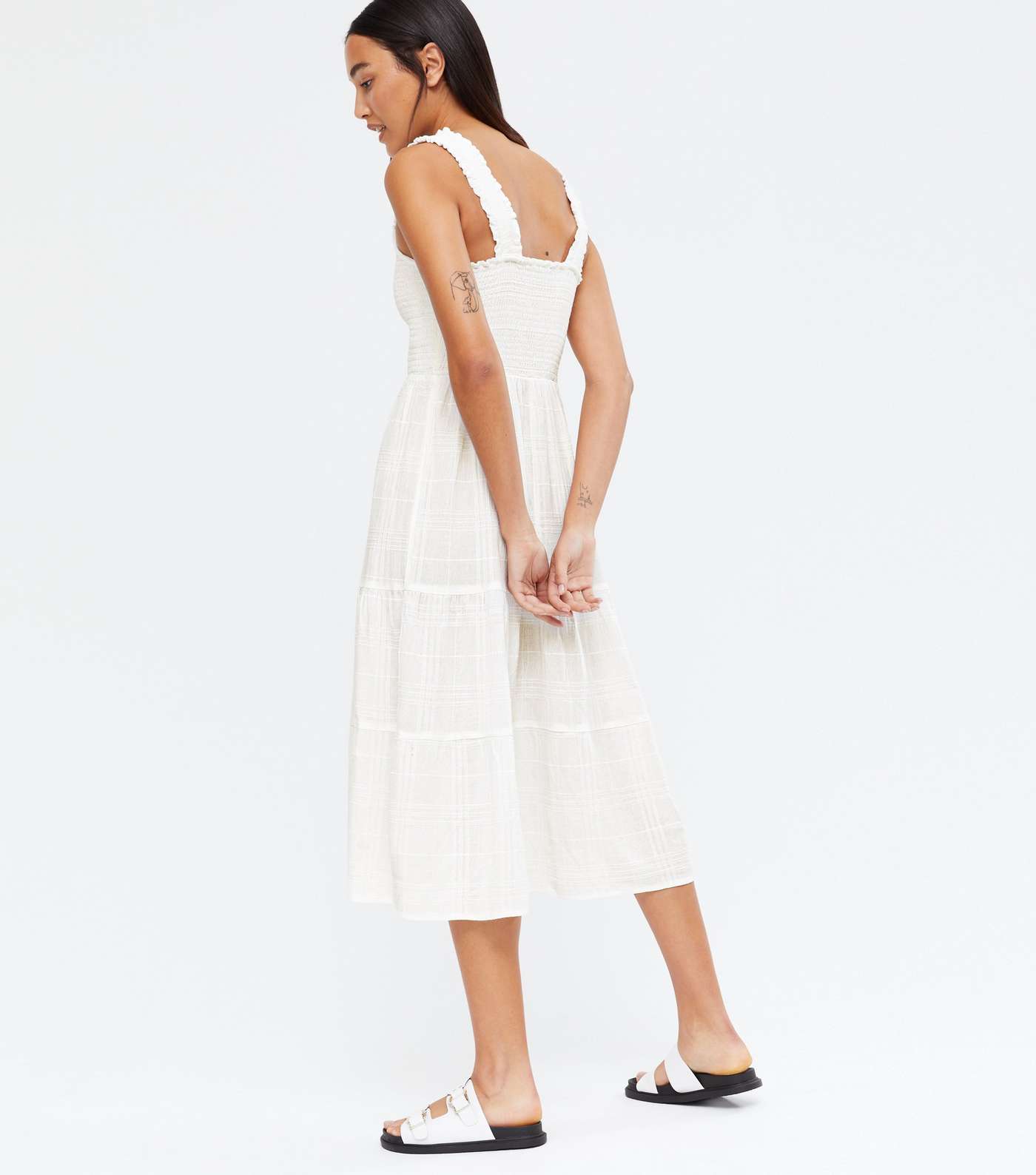 Off White Shirred Tiered Midi Dress Image 4