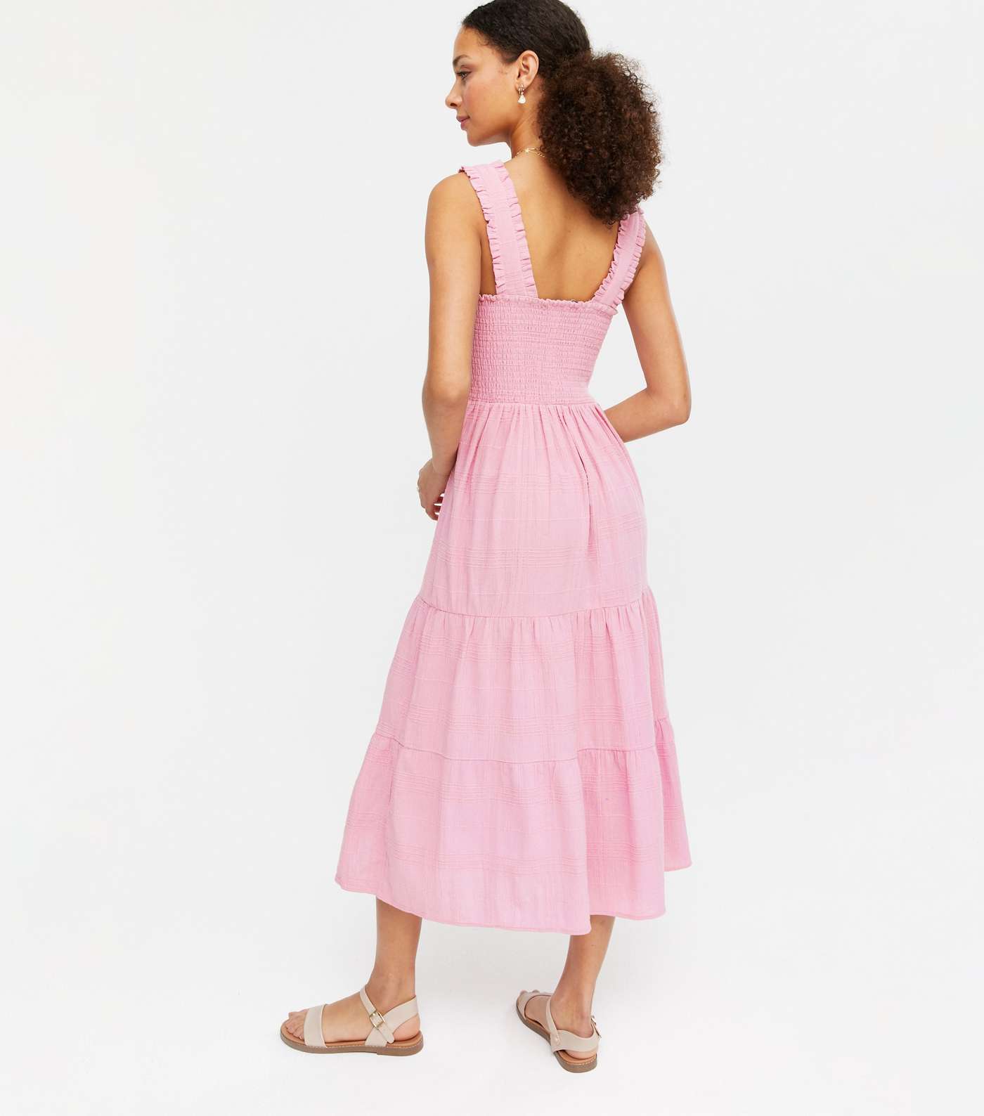 Mid Pink Shirred Tiered Midi Dress Image 3