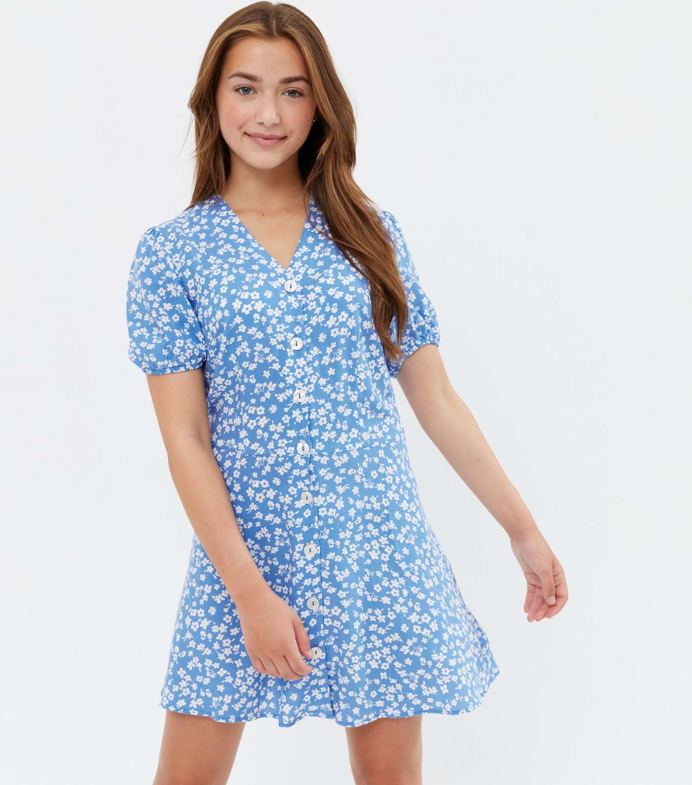 Girls Pale Blue Ditsy Floral Button Dress