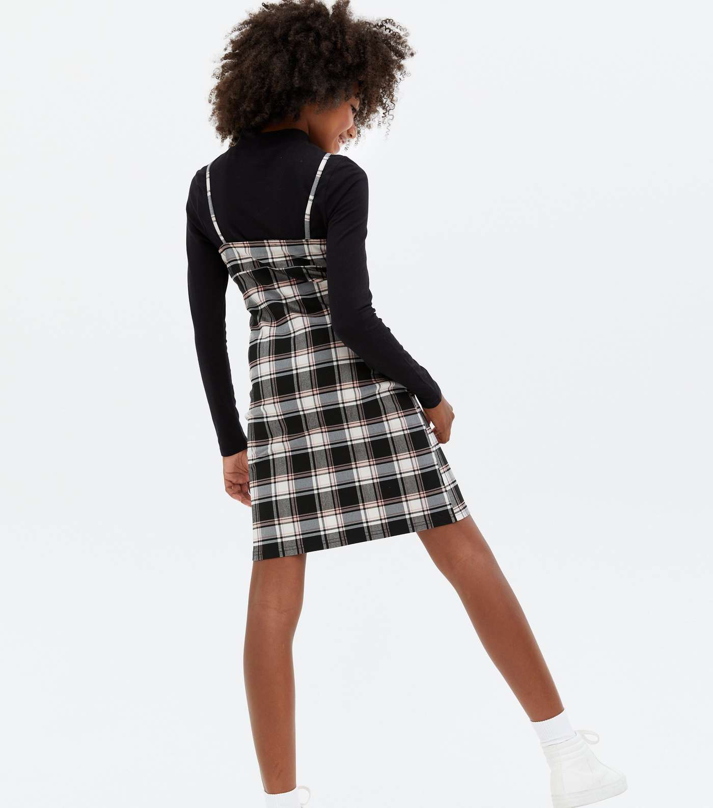 Girls Black Check Square Neck Mini Dress Image 4