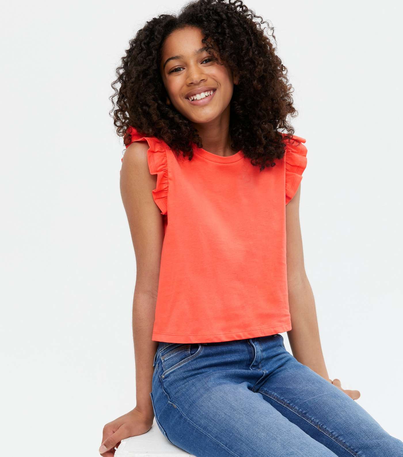 Girls Coral Frill Sleeve T-Shirt