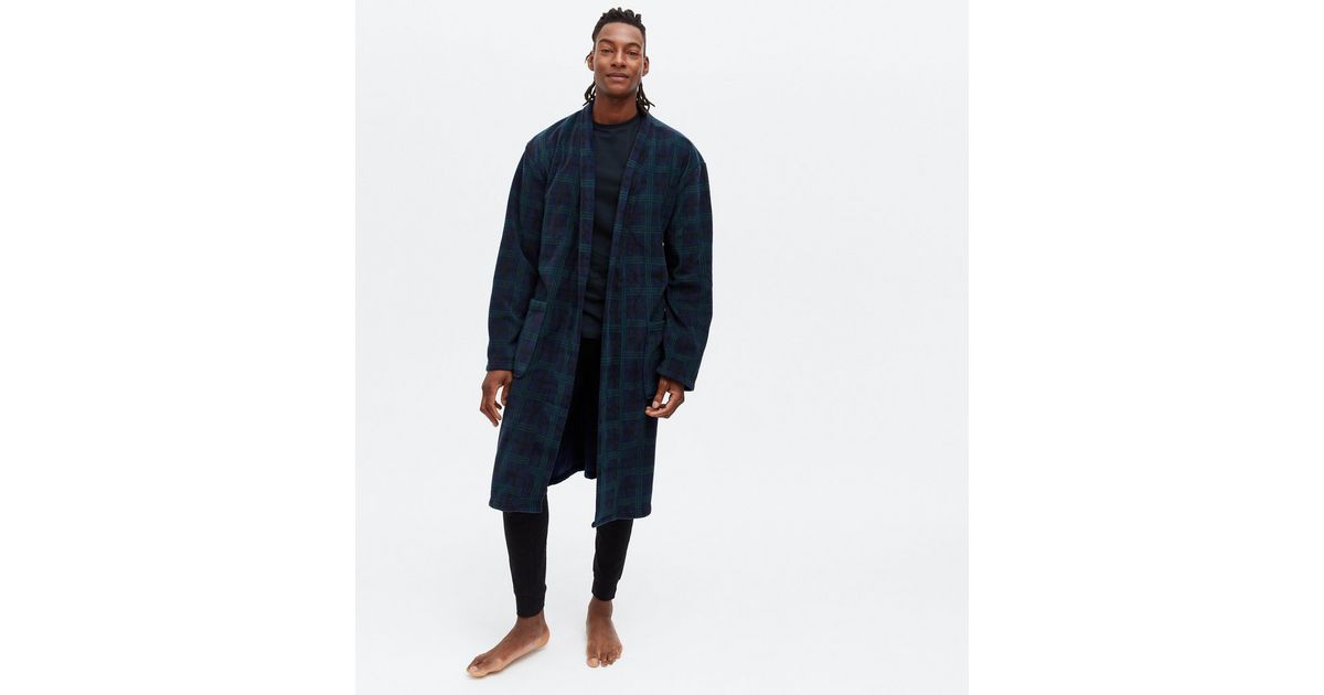 Navy Check Fleece Dressing Gown New Look
