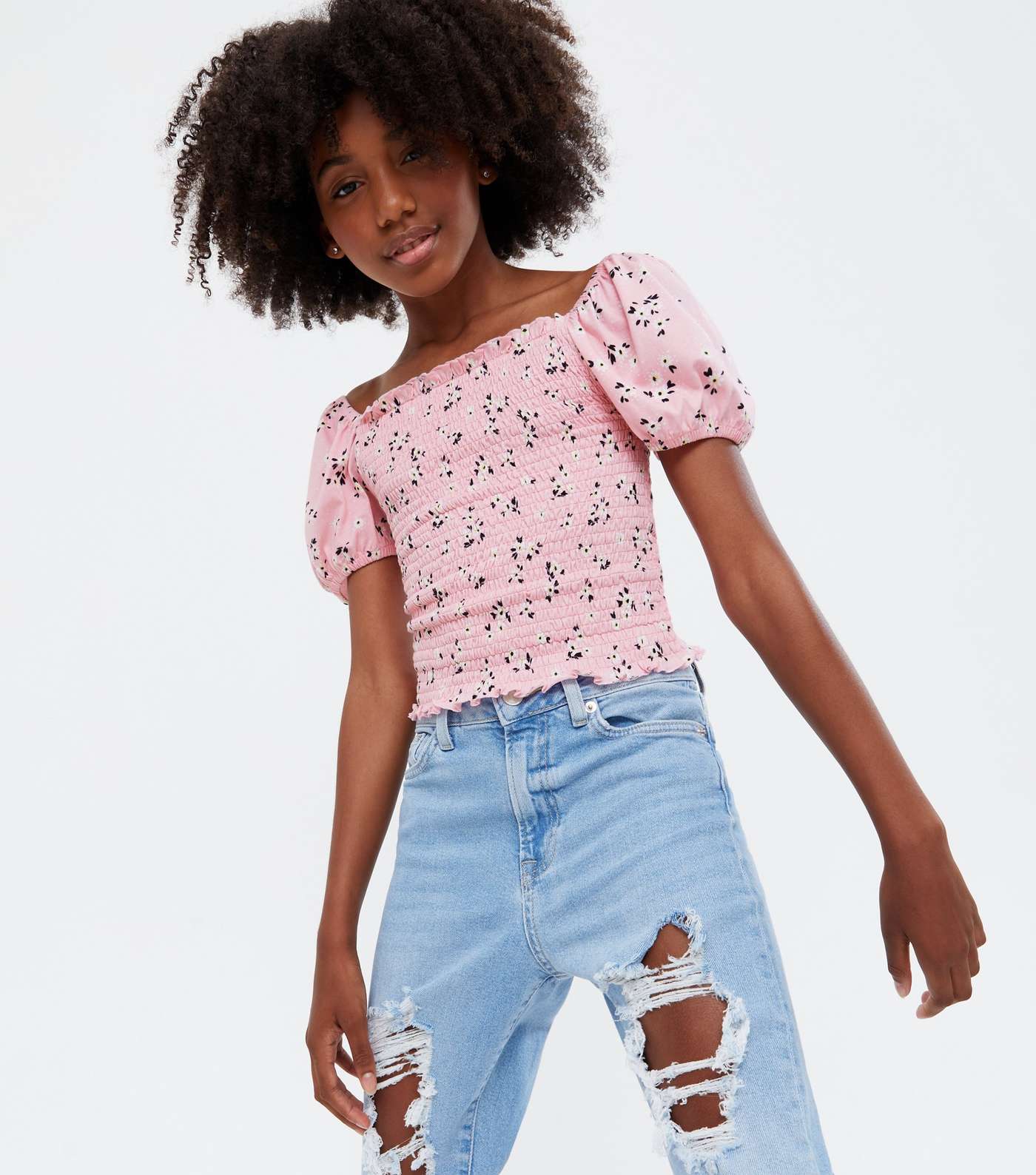 Girls Pink Floral Shirred Puff Sleeve Top