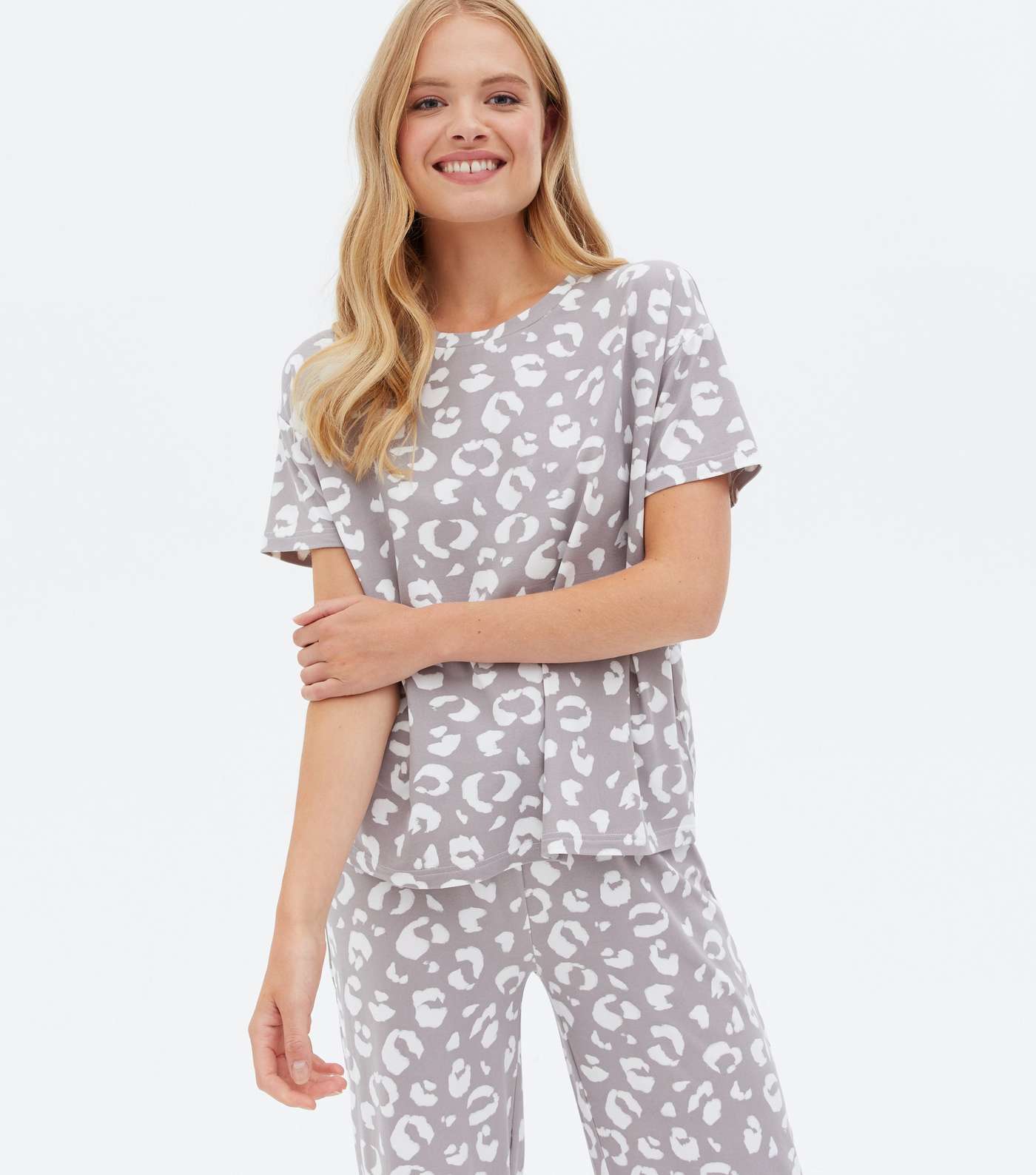 Light Grey Leopard Print Soft Touch Trouser Pyjama Set Image 2