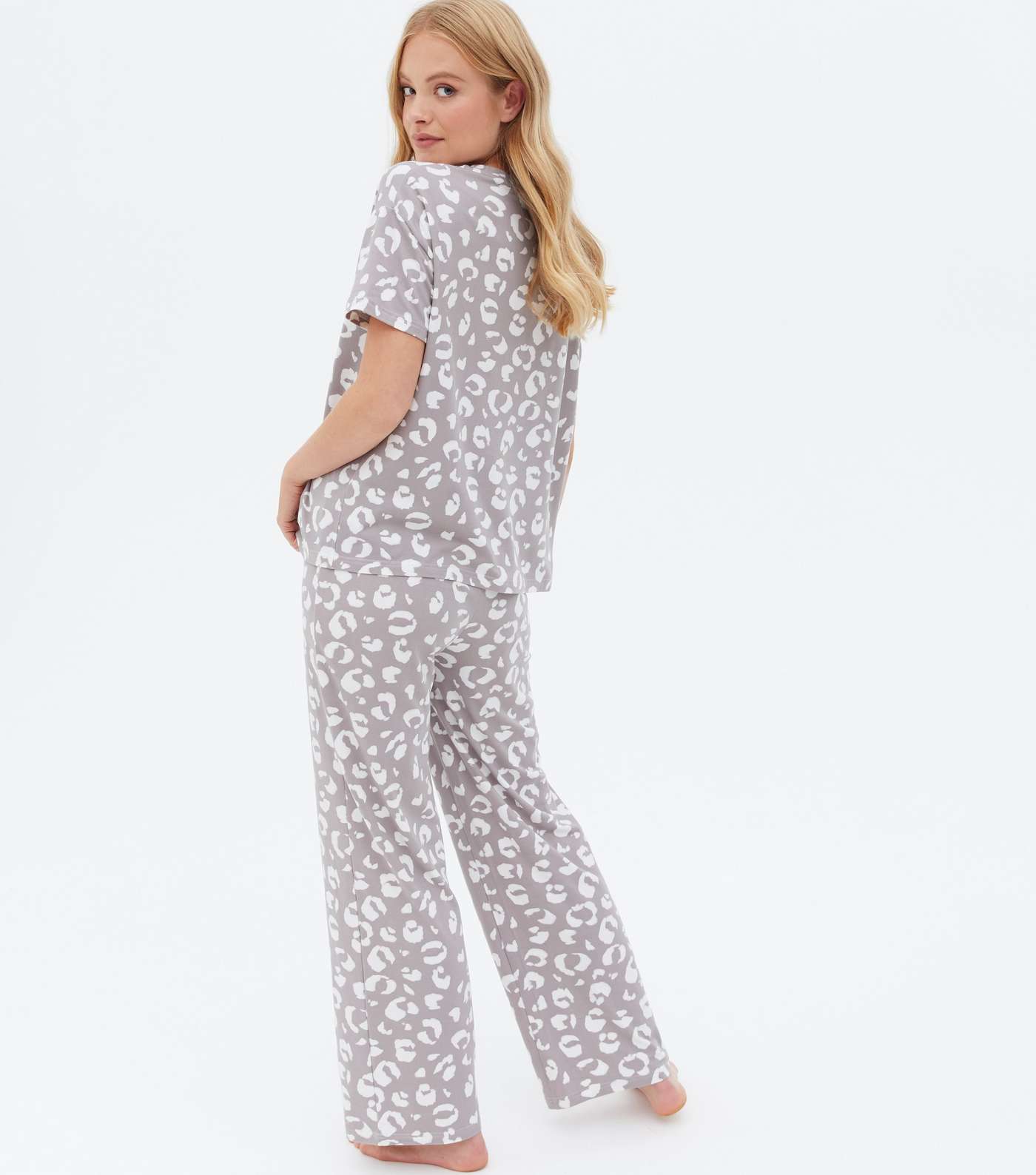Light Grey Leopard Print Soft Touch Trouser Pyjama Set Image 4