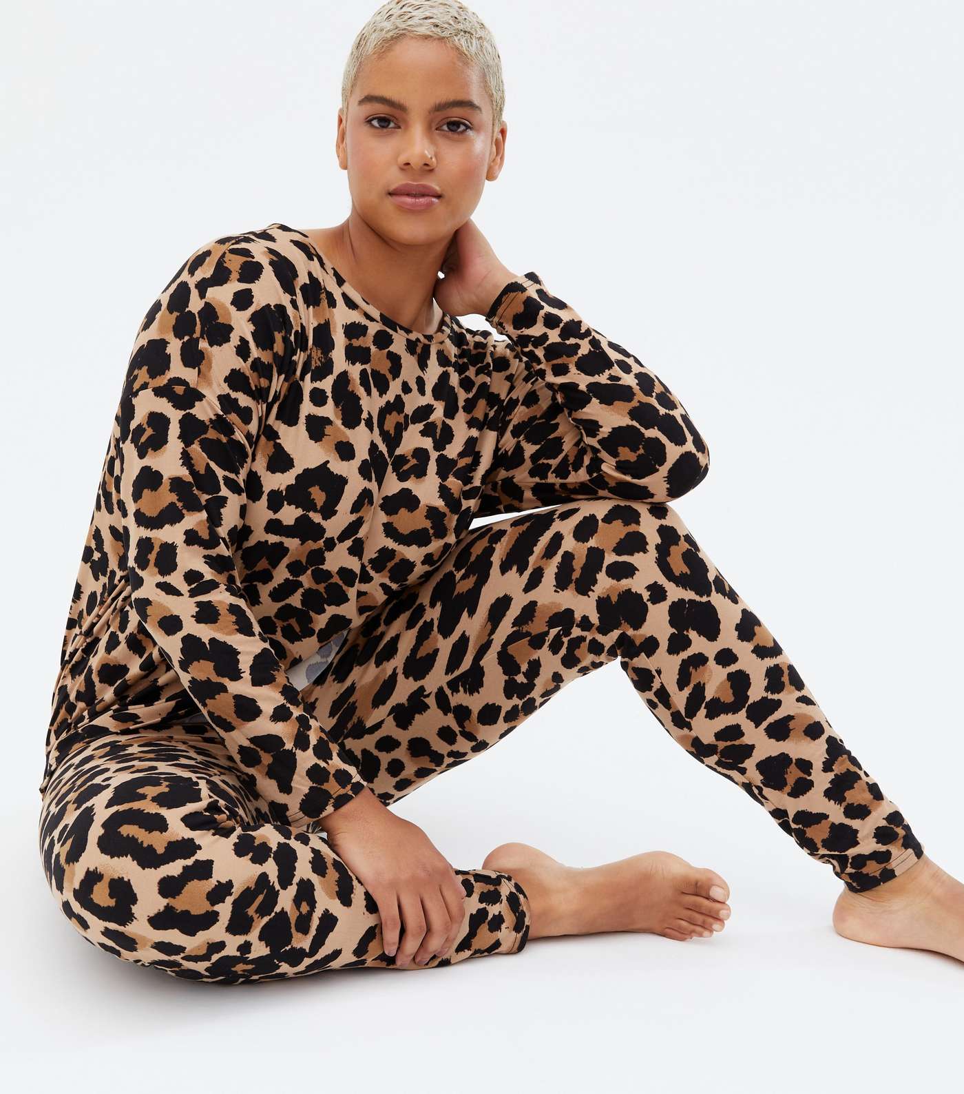 Curves Brown Leopard Print Soft Touch Legging Pyjama Set