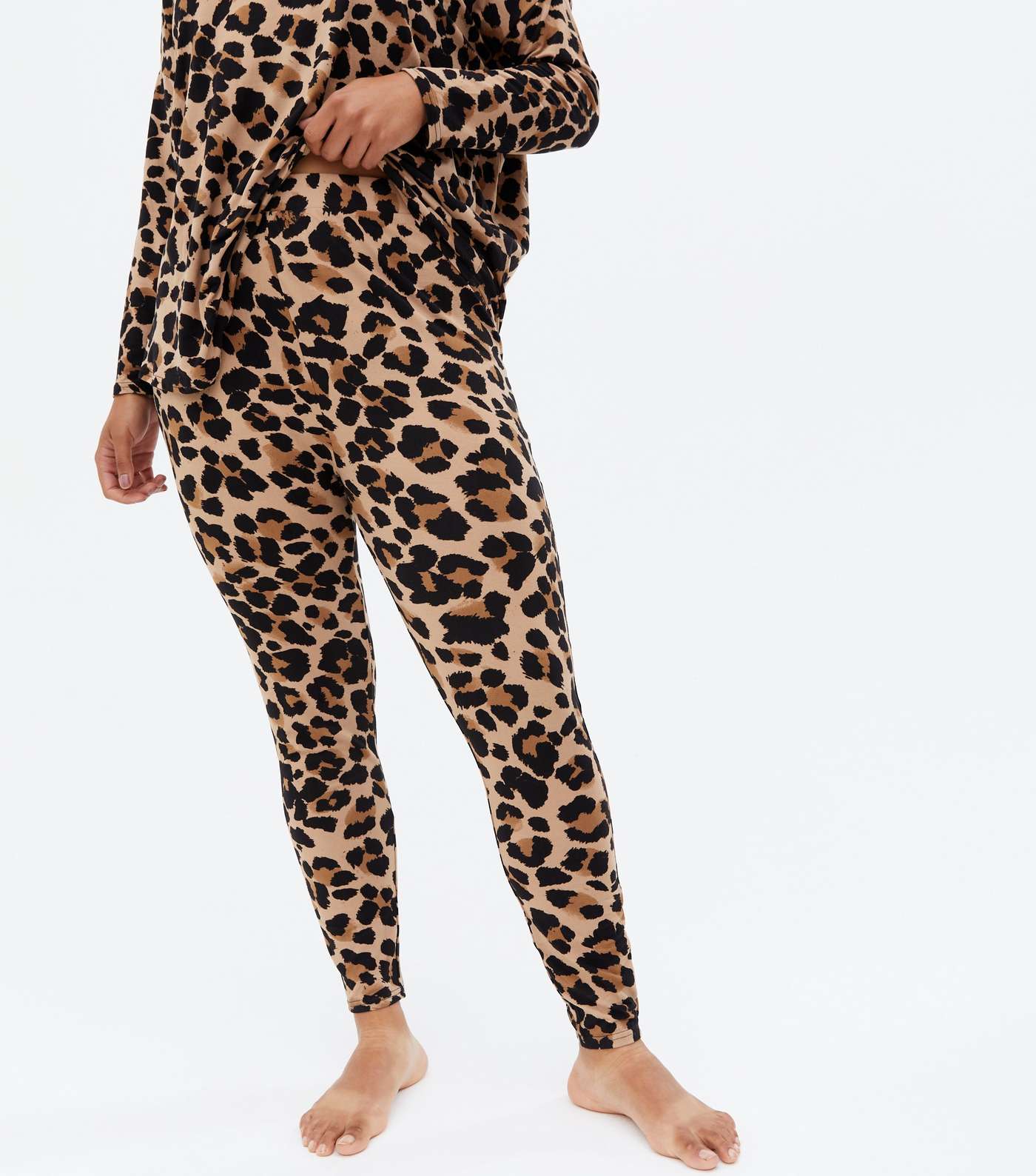 Curves Brown Leopard Print Soft Touch Legging Pyjama Set Image 3