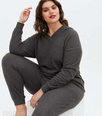 Curves Dark Grey Ribbed Pyjama Hoodie New Look