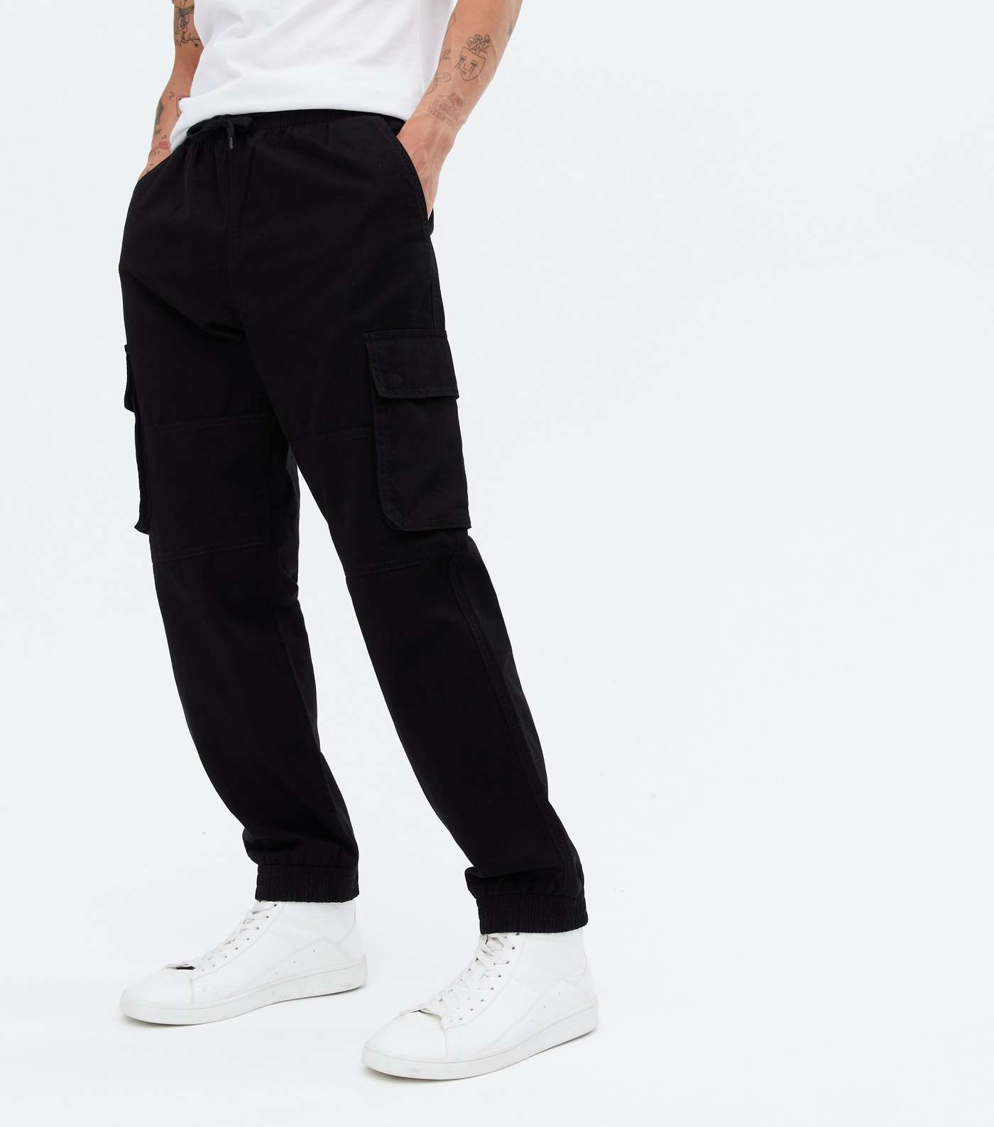 Black Cuffed Straight Leg Cargo Trousers Image 2