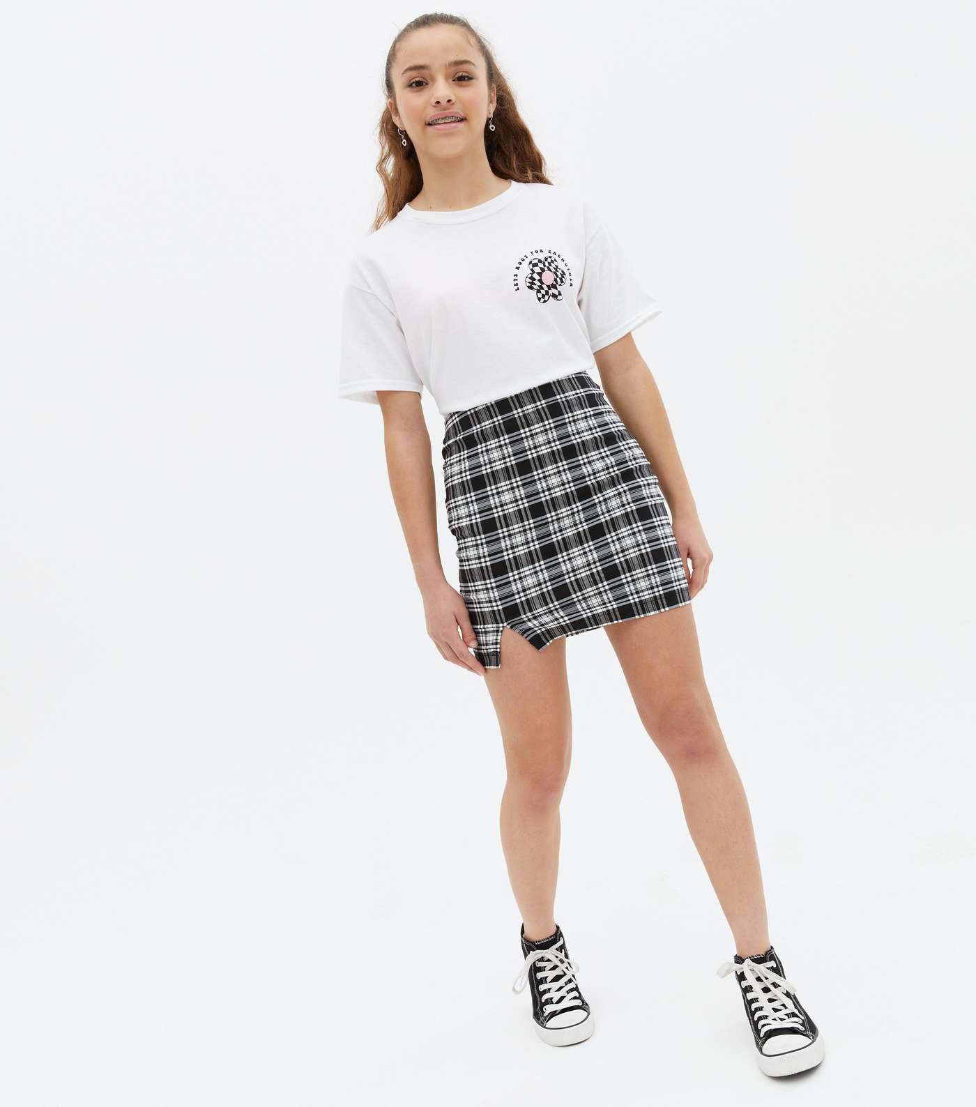 Girls Black Check High Waist Split Mini Skirt