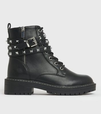 Black Stud Lace Up Chunky Biker Boots