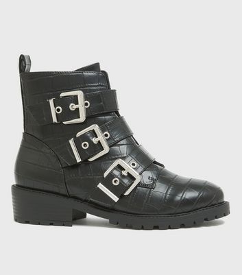 Wide Fit Black Faux Croc Chunky Buckle Biker Boots | New Look