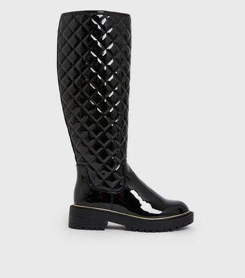 Black patent quilted 2025 knee high boots