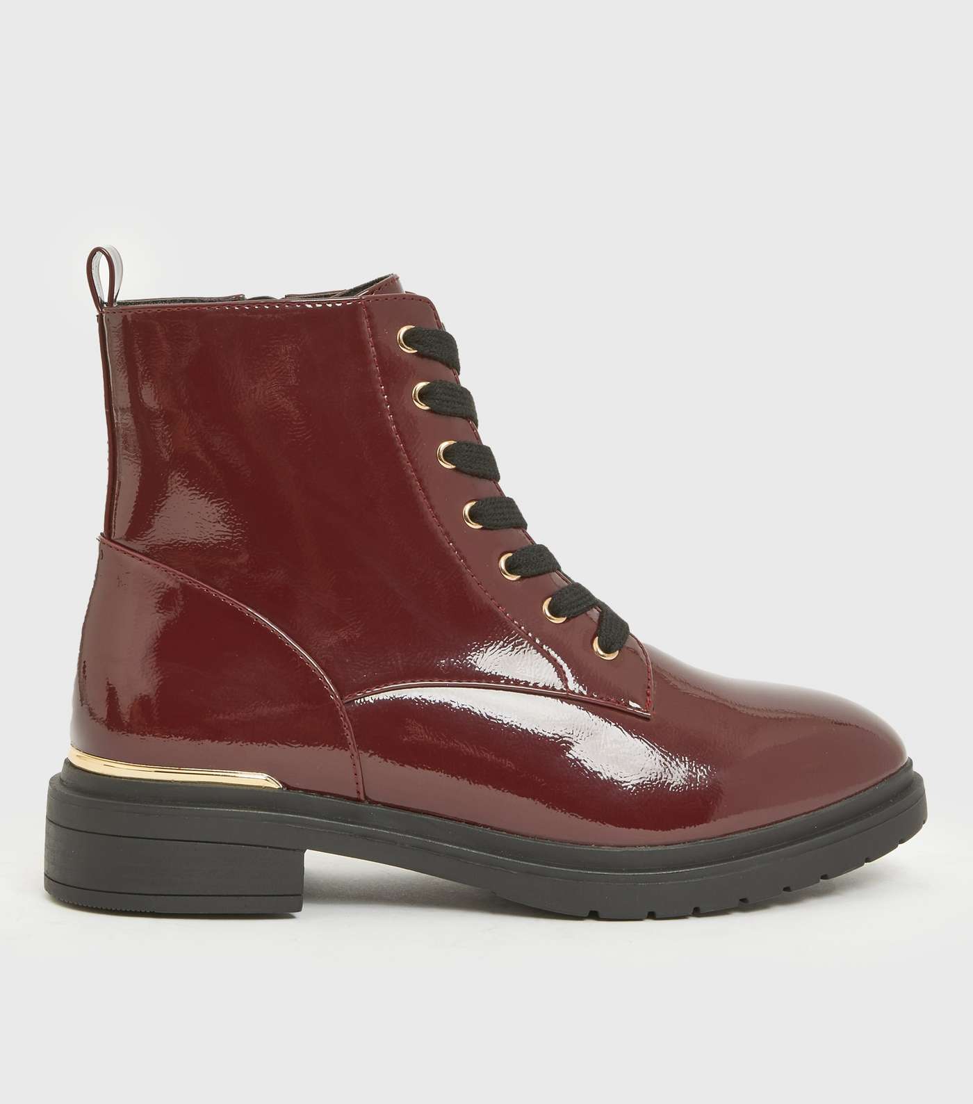 Wide Fit Dark Red Patent Metal Trim Chunky Boots