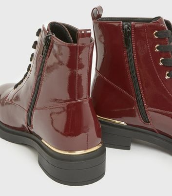 Wide Fit Dark Red Patent Metal Trim Chunky Boots New Look Vegan