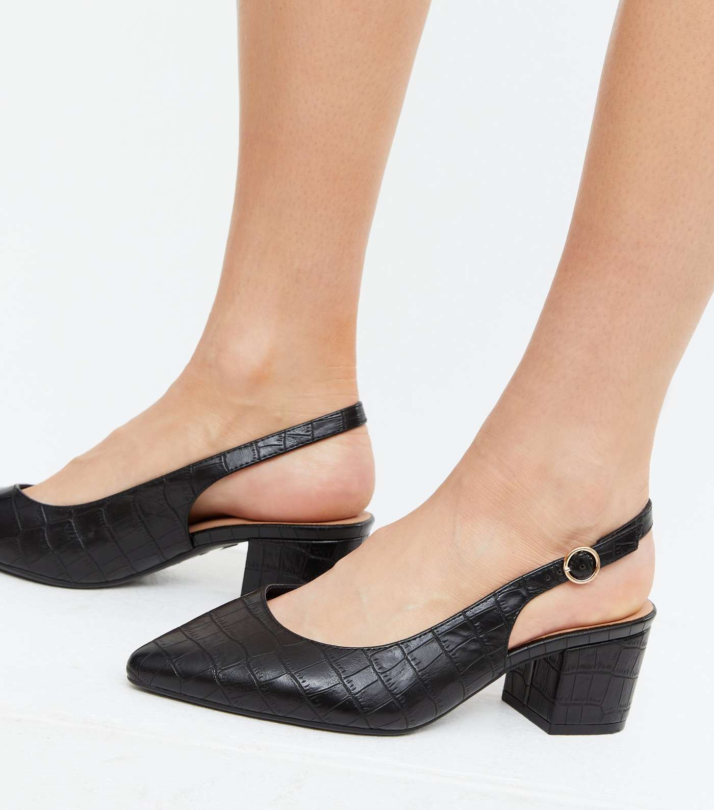 Wide Fit Black Faux Croc Block Heel Court Shoes Image 2