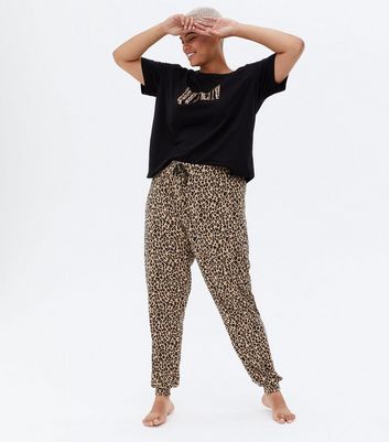 Curves Black Leopard Print Soft Touch Jogger Pyjama Set New Look