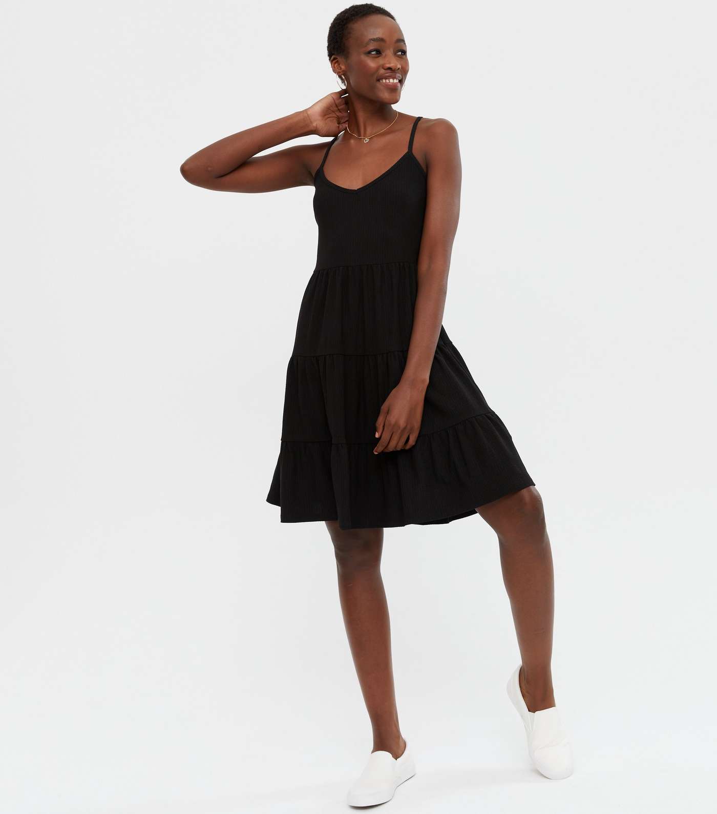 Tall Black Textured Jersey Strappy Tiered Sundress Image 2