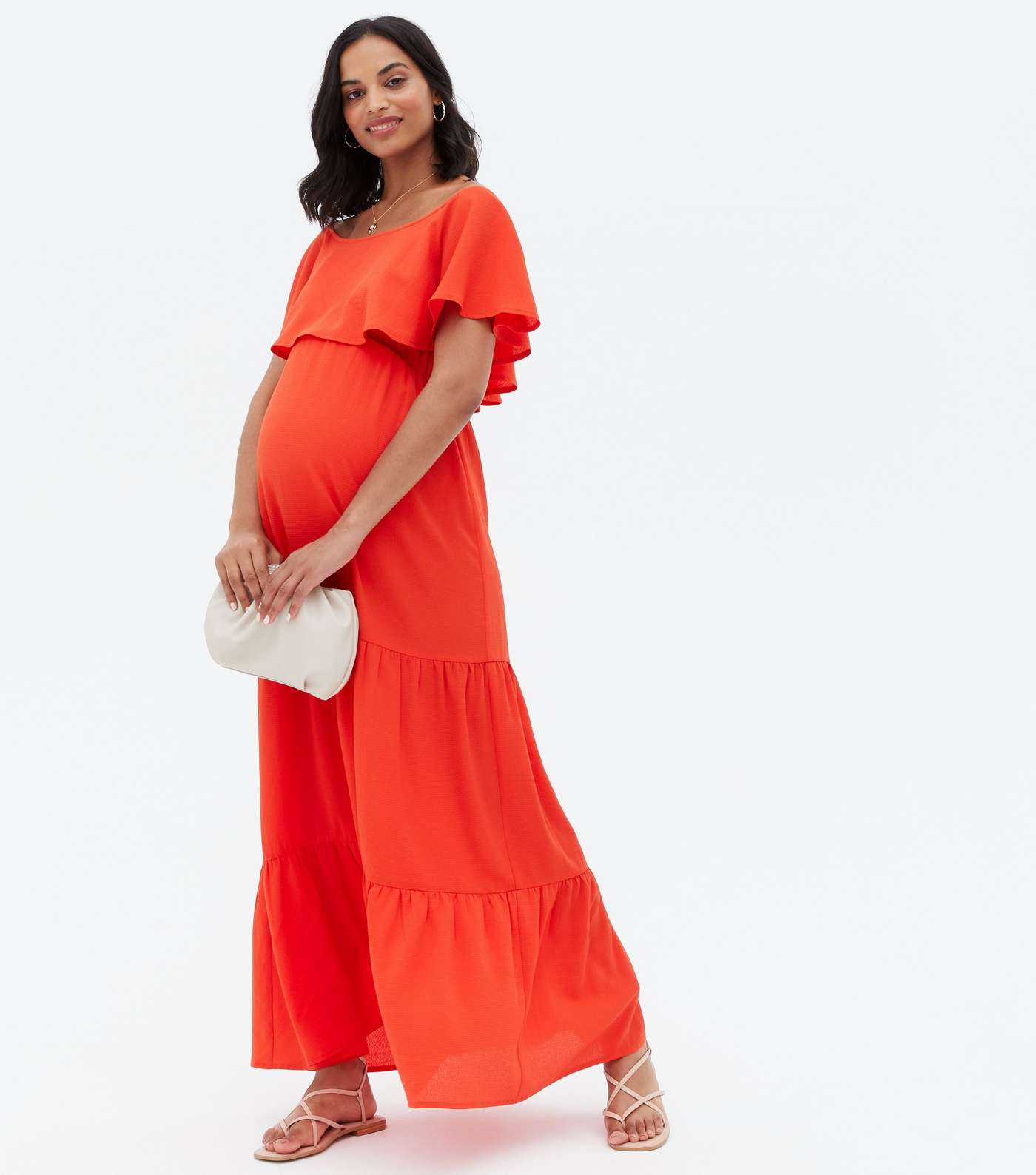 Maternity Red Bardot Tiered Maxi Dress Image 2
