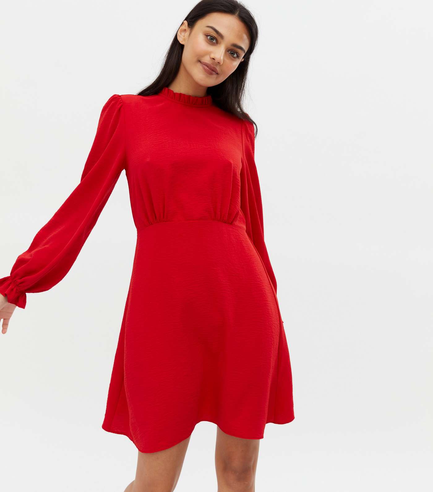 Red Frill High Neck Ruched Mini Dress