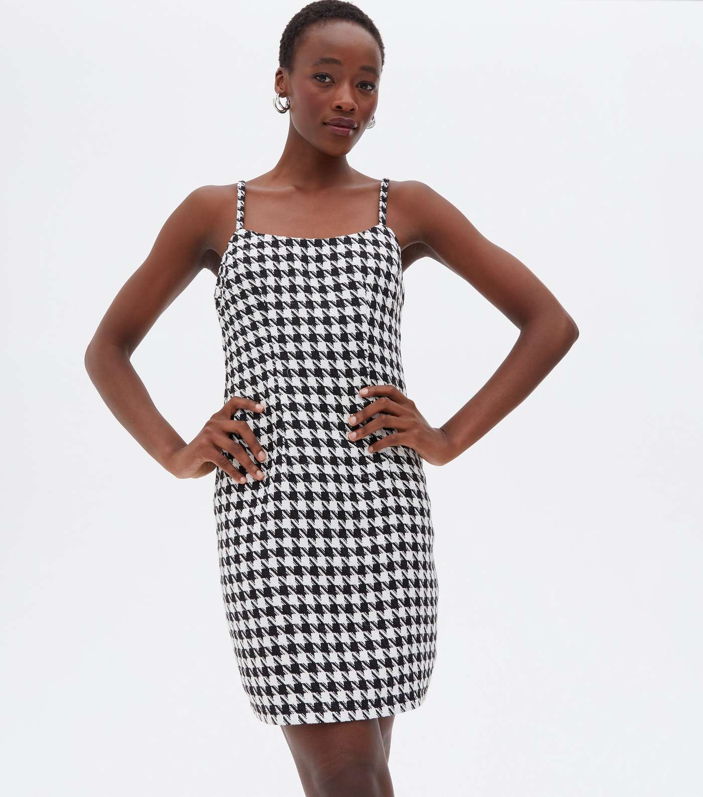 Tall Black Dogtooth Square Neck Pinafore Dress