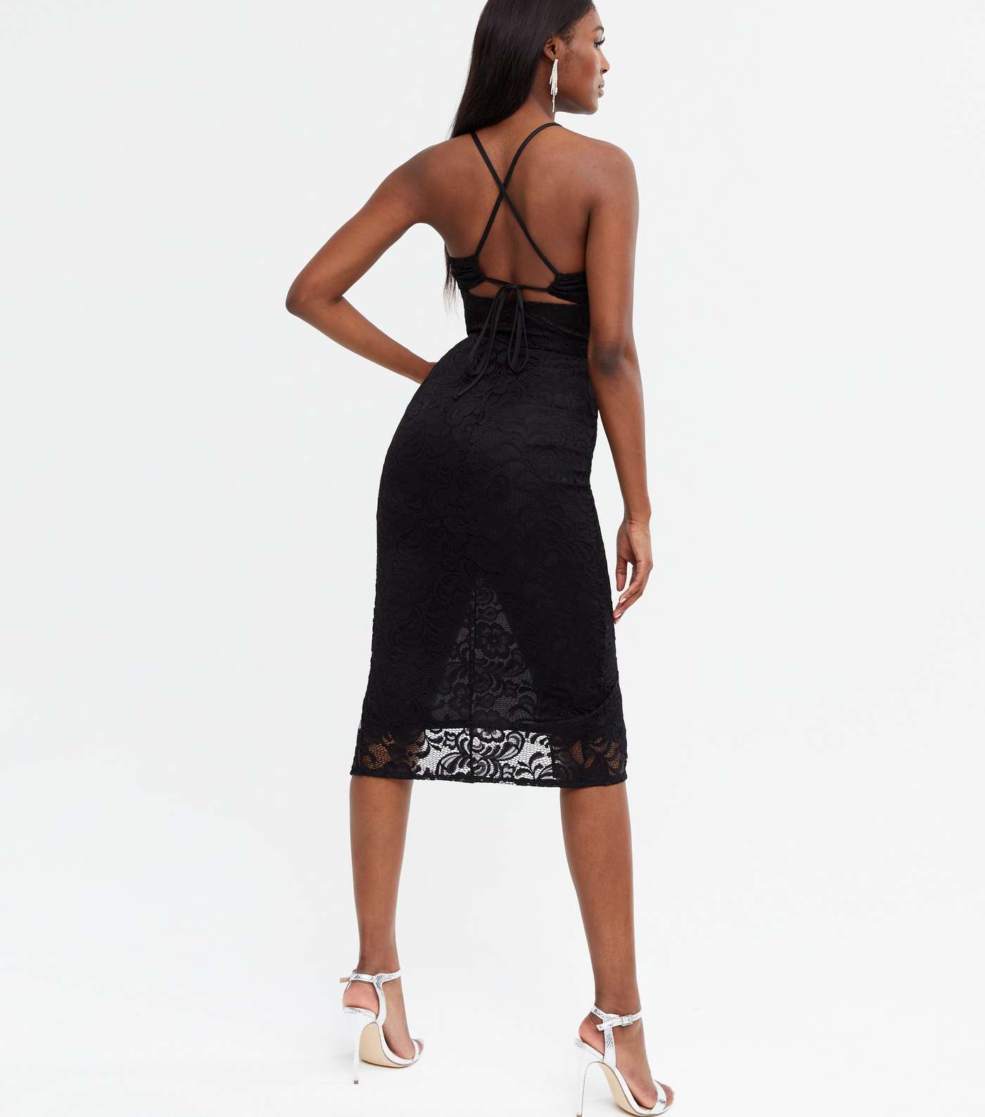 Black Lace Strappy Tie Back Midi Dress Image 4