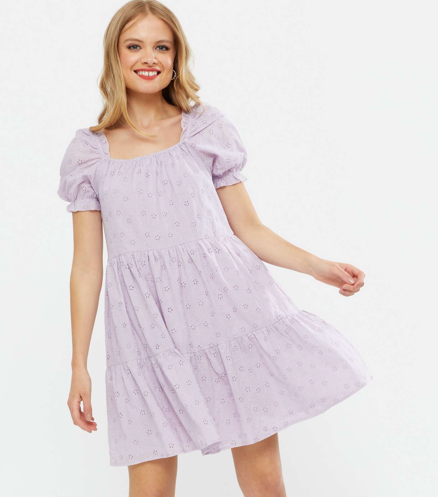 Blue Vanilla Lilac Broderie Puff Sleeve Smock Dress