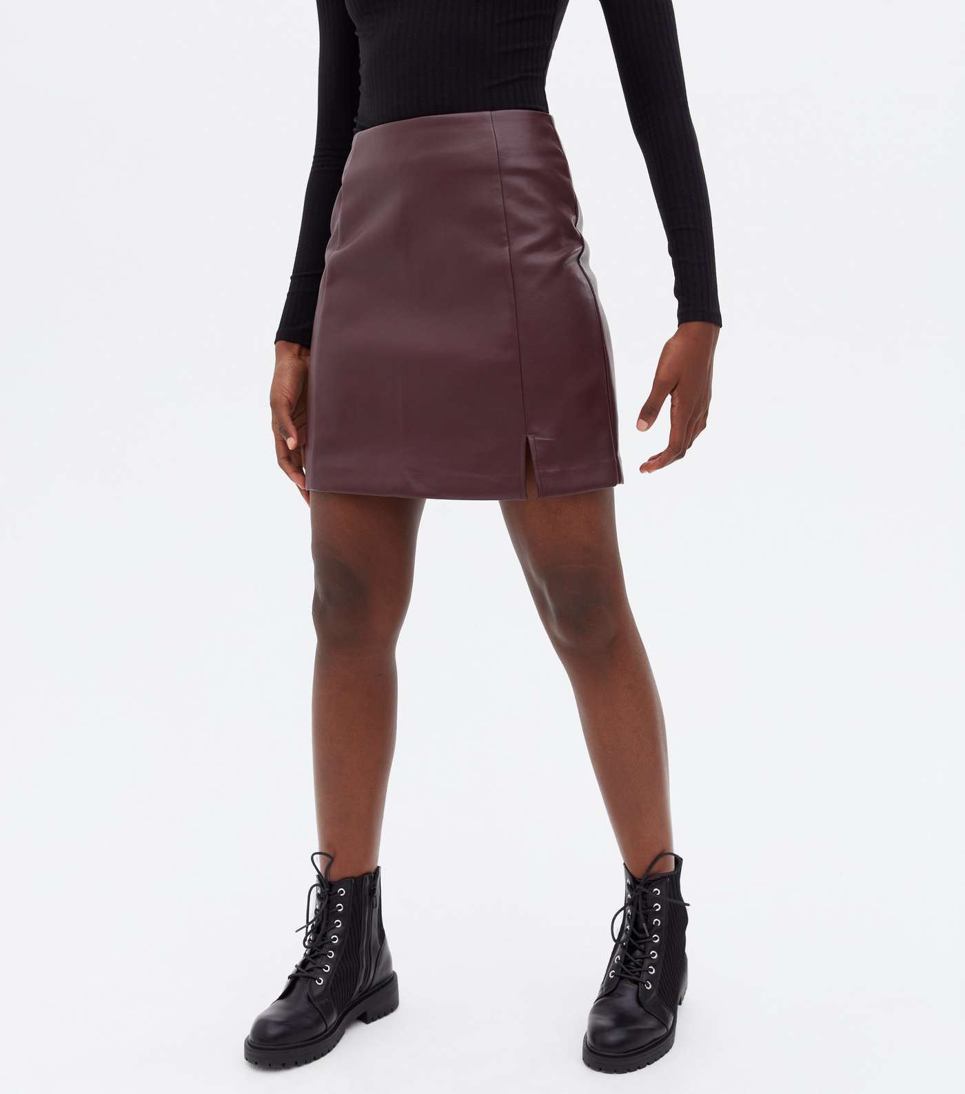Tall Burgundy Leather-Look Mini Skirt Image 2