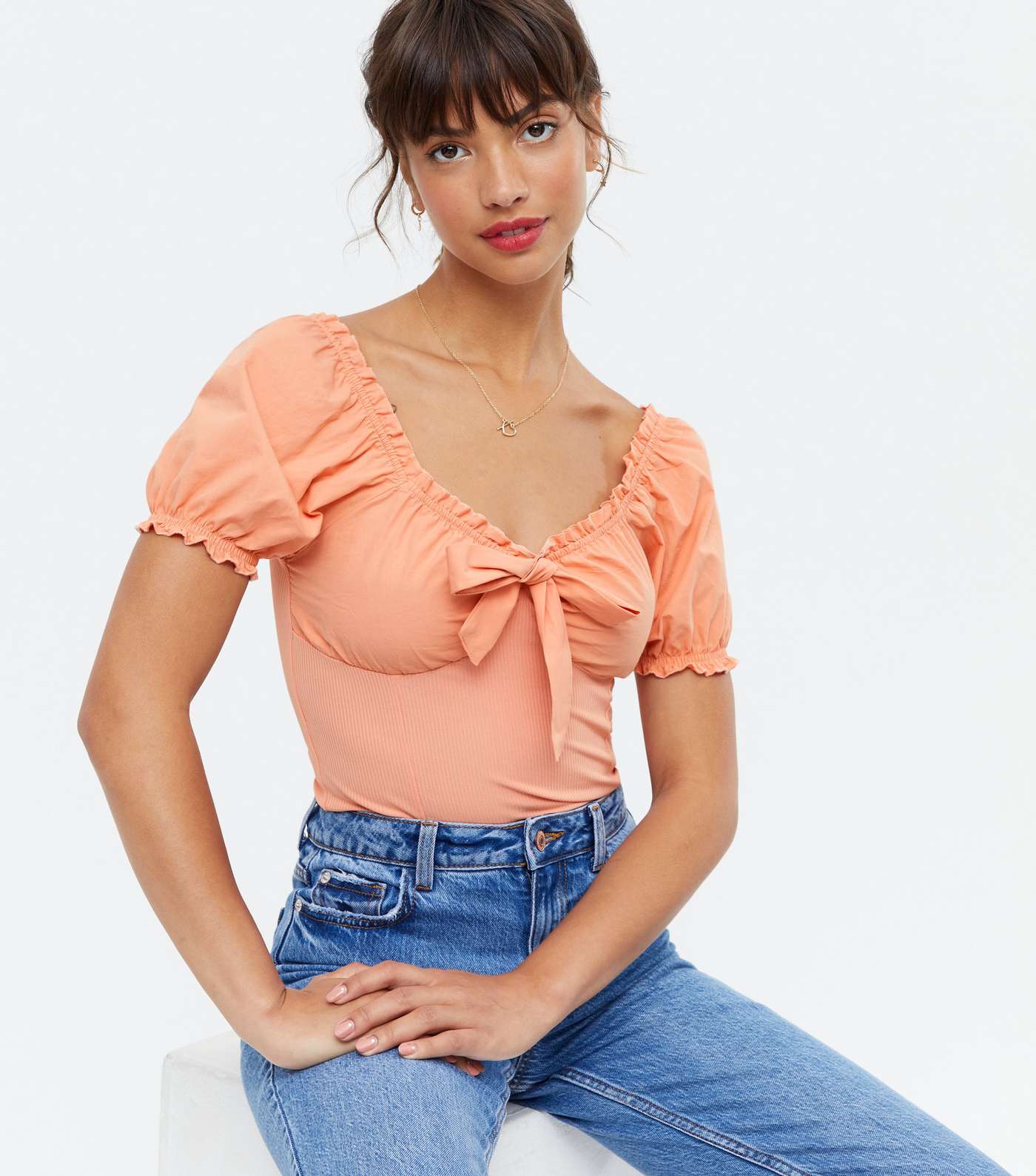 Coral Ribbed Tie Front Top