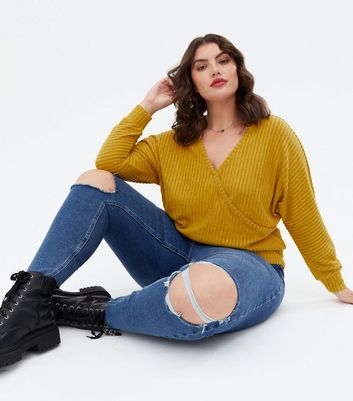 Click to view product details and reviews for Curves Mustard Ribbed Fine Knit Wrap Deep Hem Top New Look.