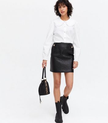 Black Quilted Leather-Look Button Mini Skirt | New Look