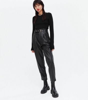 Black Leather-Look Belted Tapered Trousers | New Look