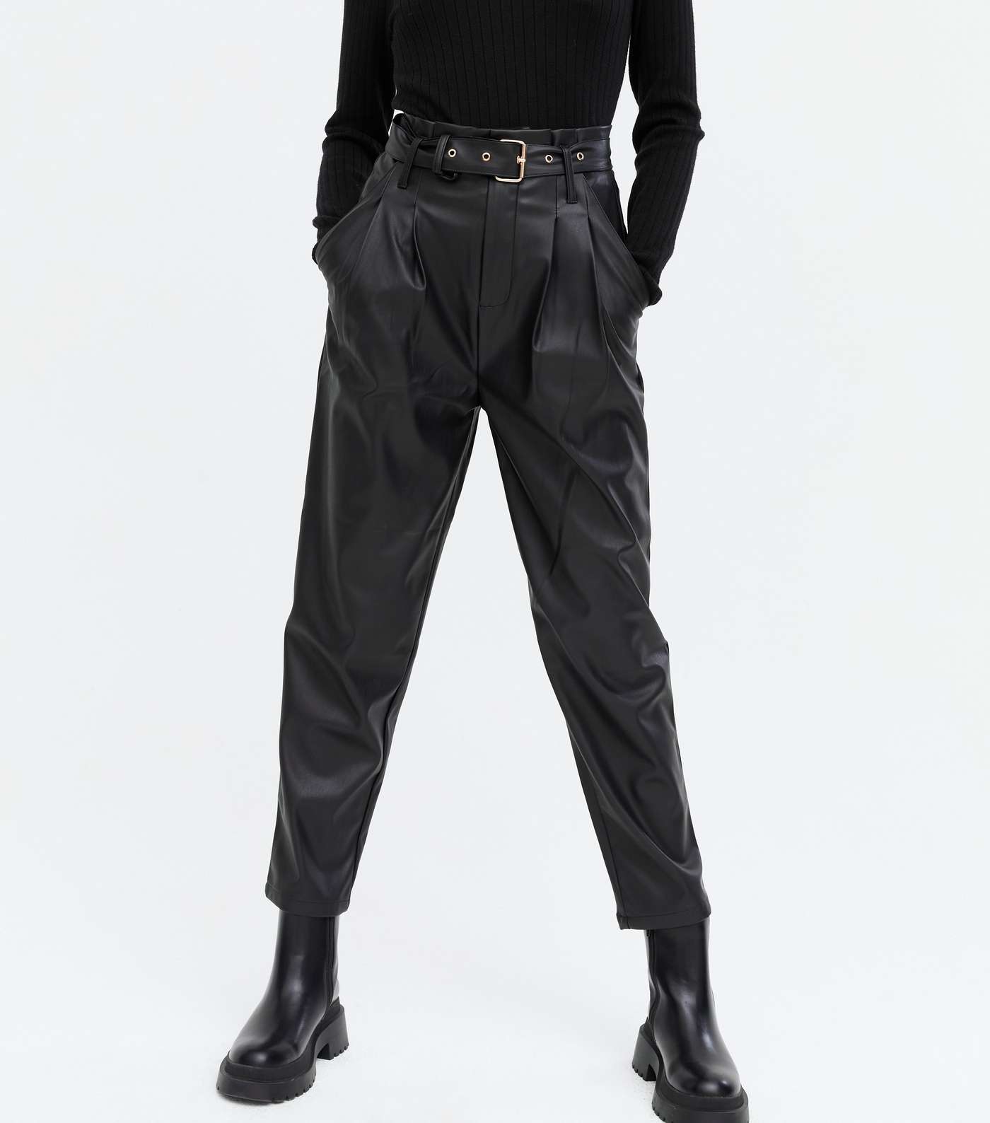 Black Leather-Look Belted Tapered Trousers Image 2
